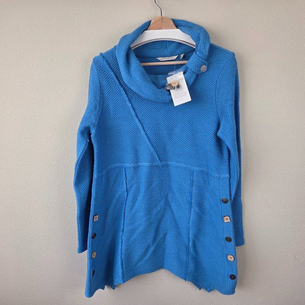Soft Surroundings Cowl Sweater Tunic Top Size M Blue Button Accents Art To Wear
